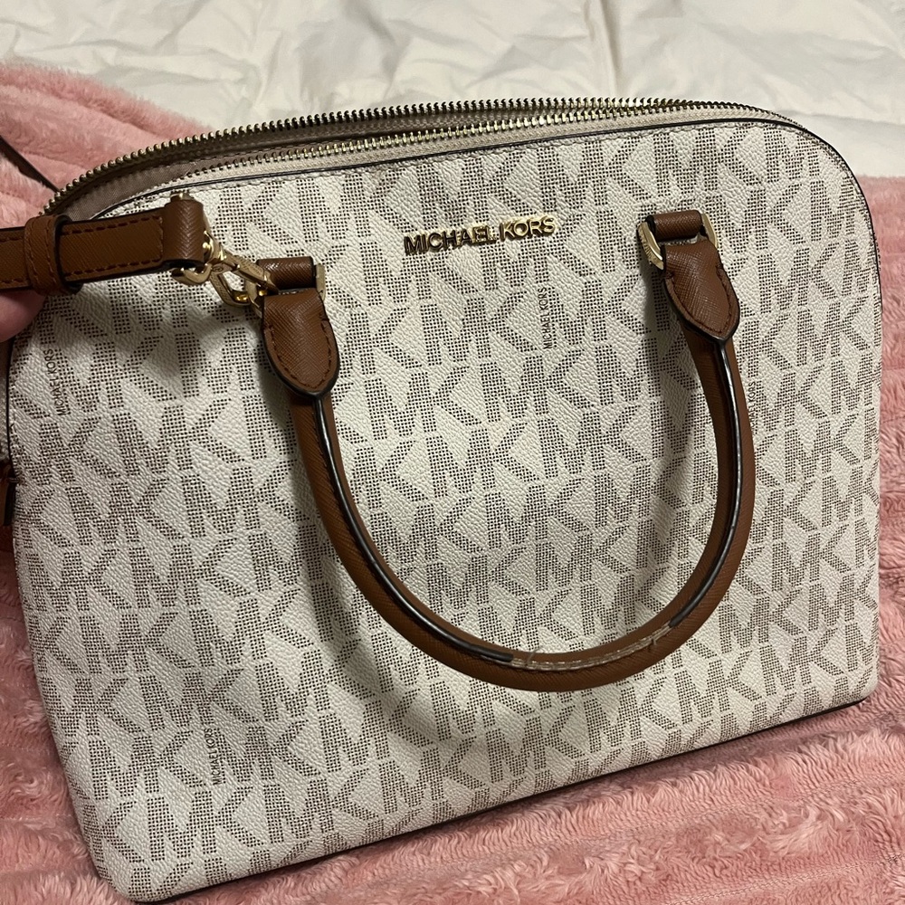 Michael Kors White and Brown Signature Satchel